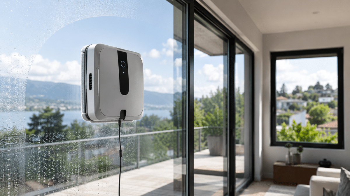 Robot lave-vitre nettoyant une grande baie vitrée