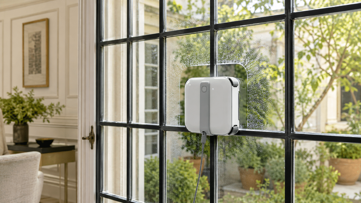 Robot lave-vitre sur une fenêtre à petits carreaux
