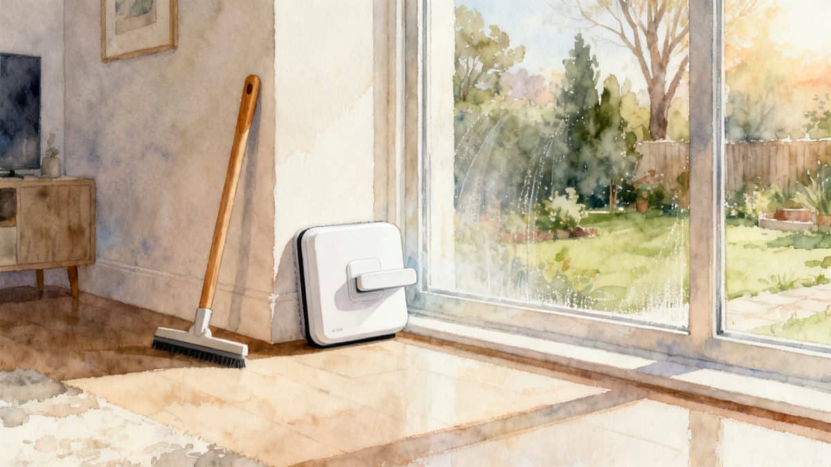 Illustration : un robot lave-vitre sur une baie de salon, à côté d'une raclette à manche