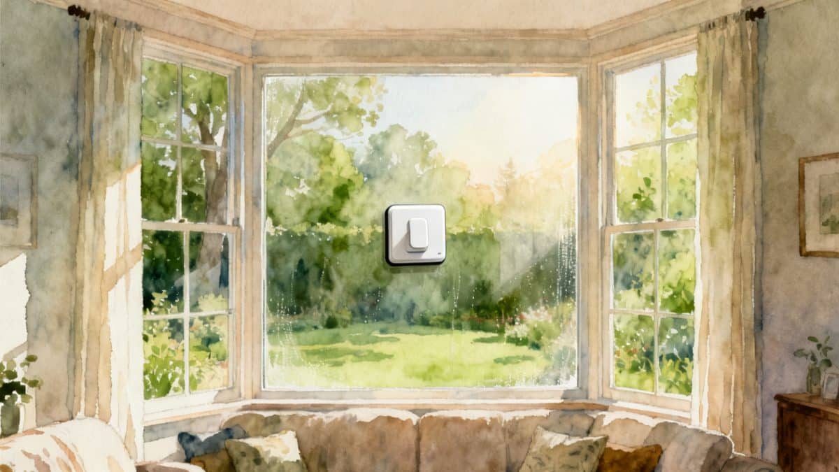 Illustration : un robot lave-vitre sur une grande baie vitrée de salon