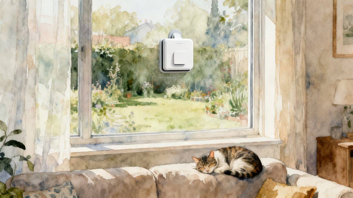 Illustration : un robot lave-vitre au travail dans un salon calme, un chat endormi juste en dessous