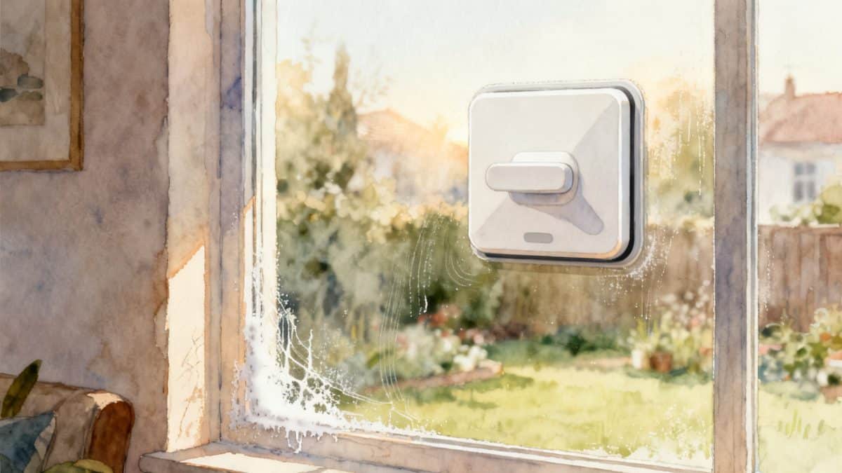 Illustration : une vitre marquée de dépôts secs, et un robot lave-vitre posé plus loin sur le verre