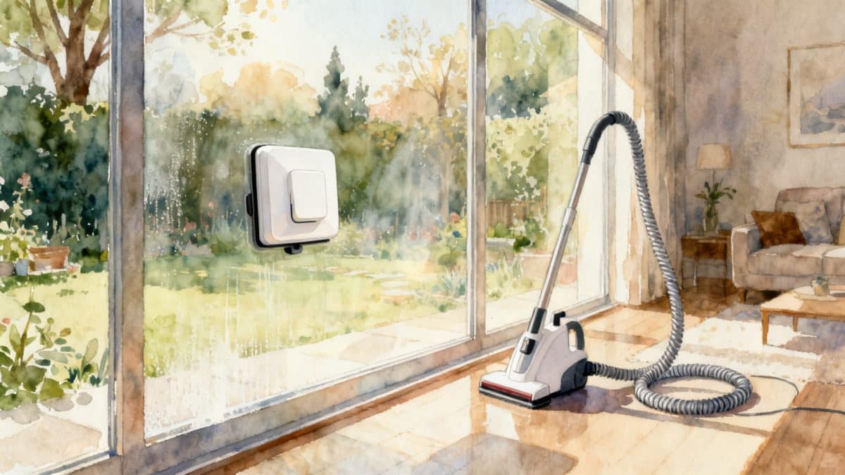 Illustration : un robot lave-vitre sur une baie, et un nettoyeur vapeur posé au sol à côté