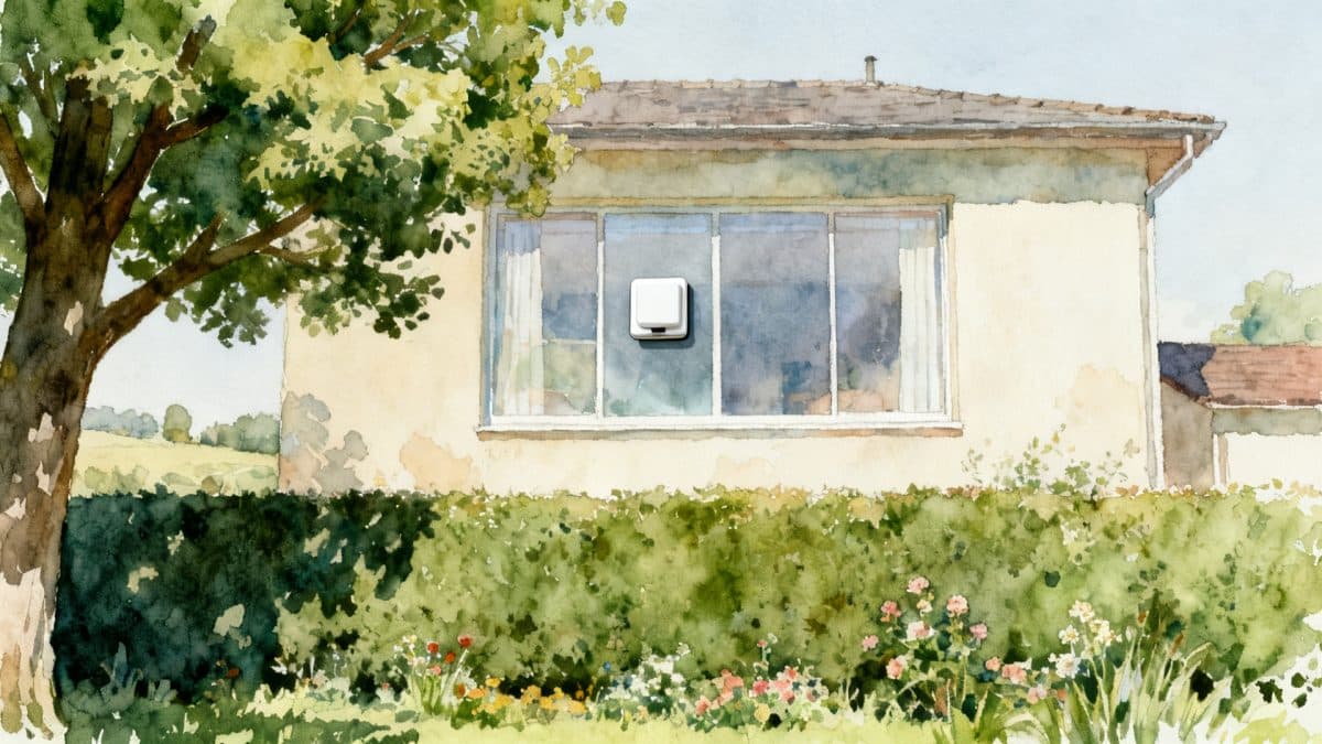 Illustration : un robot lave-vitre sur une vitre d'étage, vu depuis le jardin