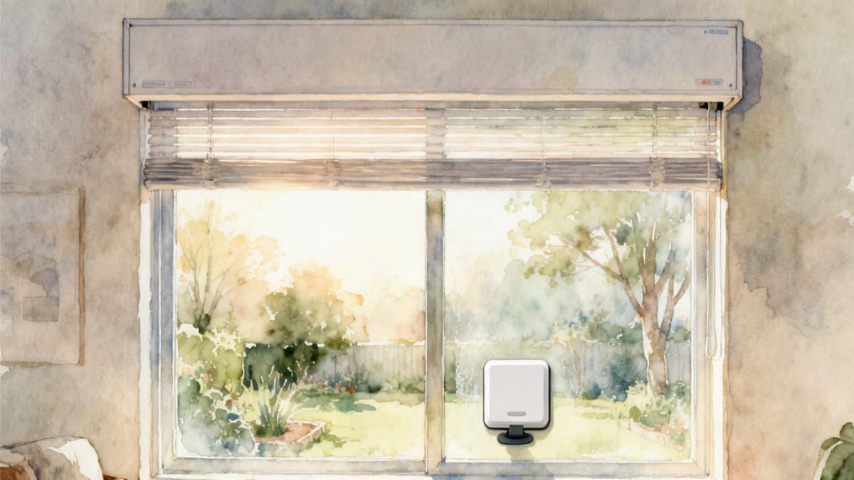 Illustration : un robot lave-vitre sur une vitre fixe, sous le coffre d'un volet roulant